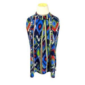 New Jude Connally‎ Sleeveless Top Medium Bold Ikat Geometric Mock Neck Classy